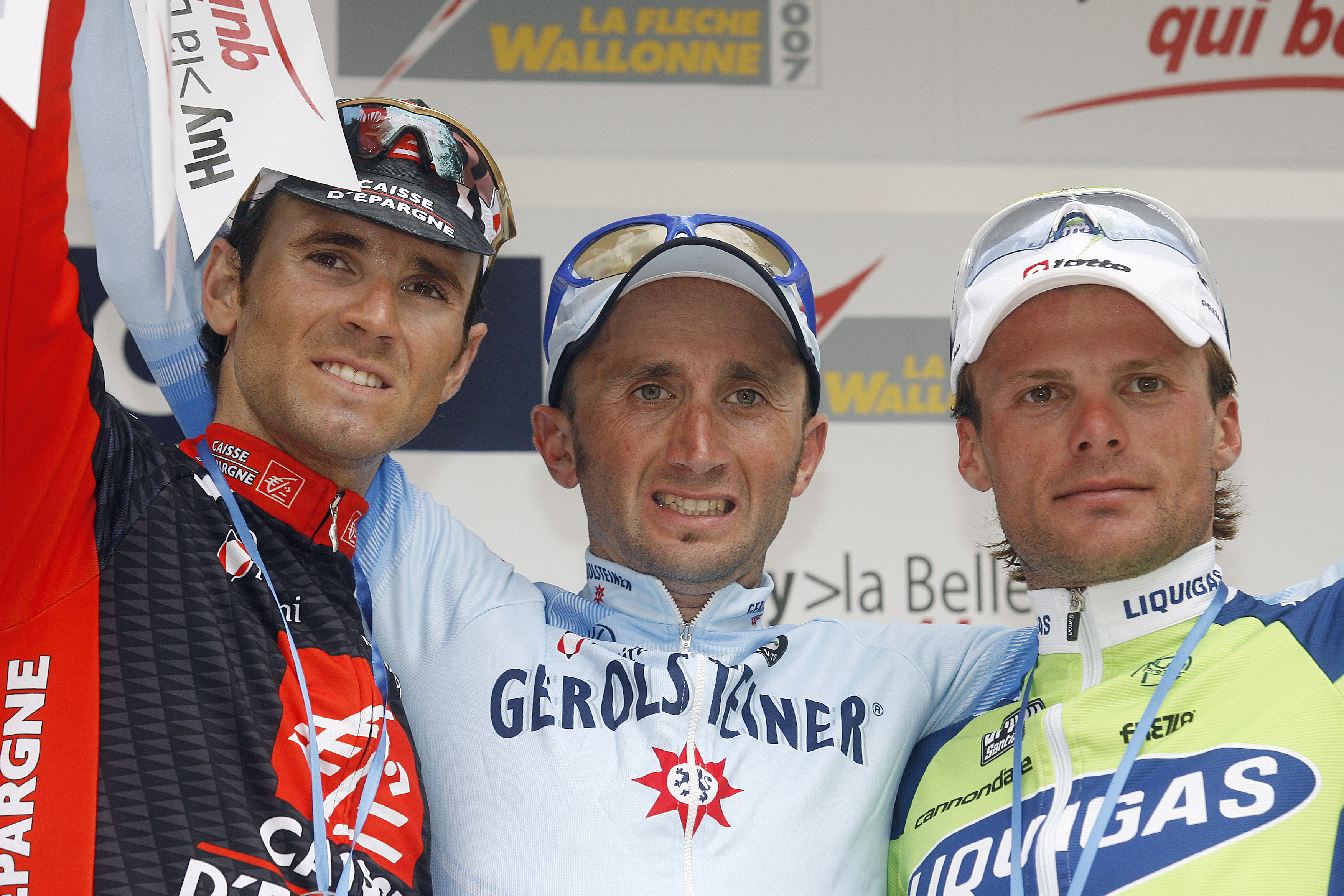Pdoium (l-r), Alejandro Valverde, Davide Rebellin, Danilo Di Luca