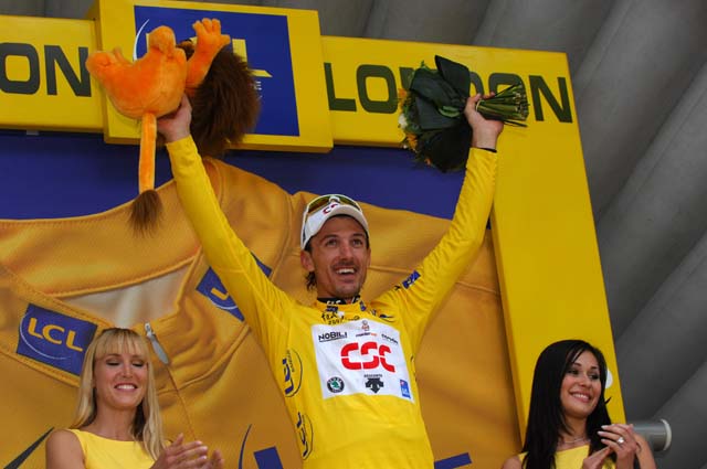 Fabian Cancellara (CSC) wears the yellow jersey