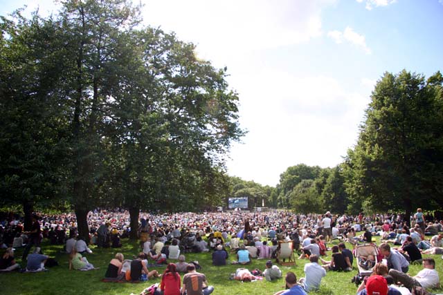 Large crowds watches the big screen in Green Park