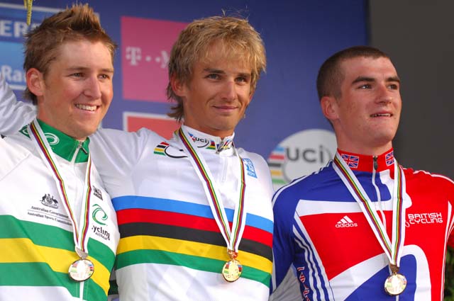 Under-23 road race podium (l-r): Wesley Sulzberger, Peter Velits, John Bellis