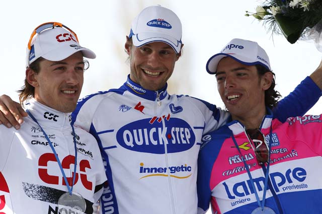 Final podium (l-r): Fabian Cancellara (2nd), Tom Boonen (winner), Alessandro Ballan (3rd) Final podium (l-r): Fabian Cancellara (2nd), Tom Boonen (winner), Alessandro Ballan (3rd)