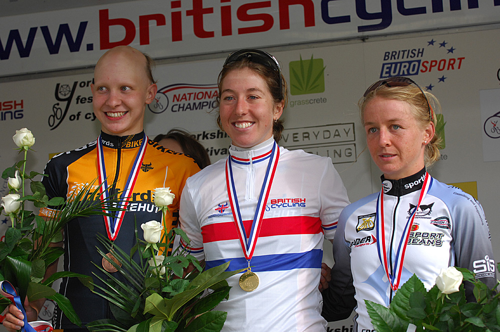 Podium (l-r): Joanna Rowsell (3rd), Nicole Cooke (winner), Emma Pooley (2nd) Podium (l-r): Joanna Rowsell (3rd), Nicole Cooke (winner), Emma Pooley (2nd)