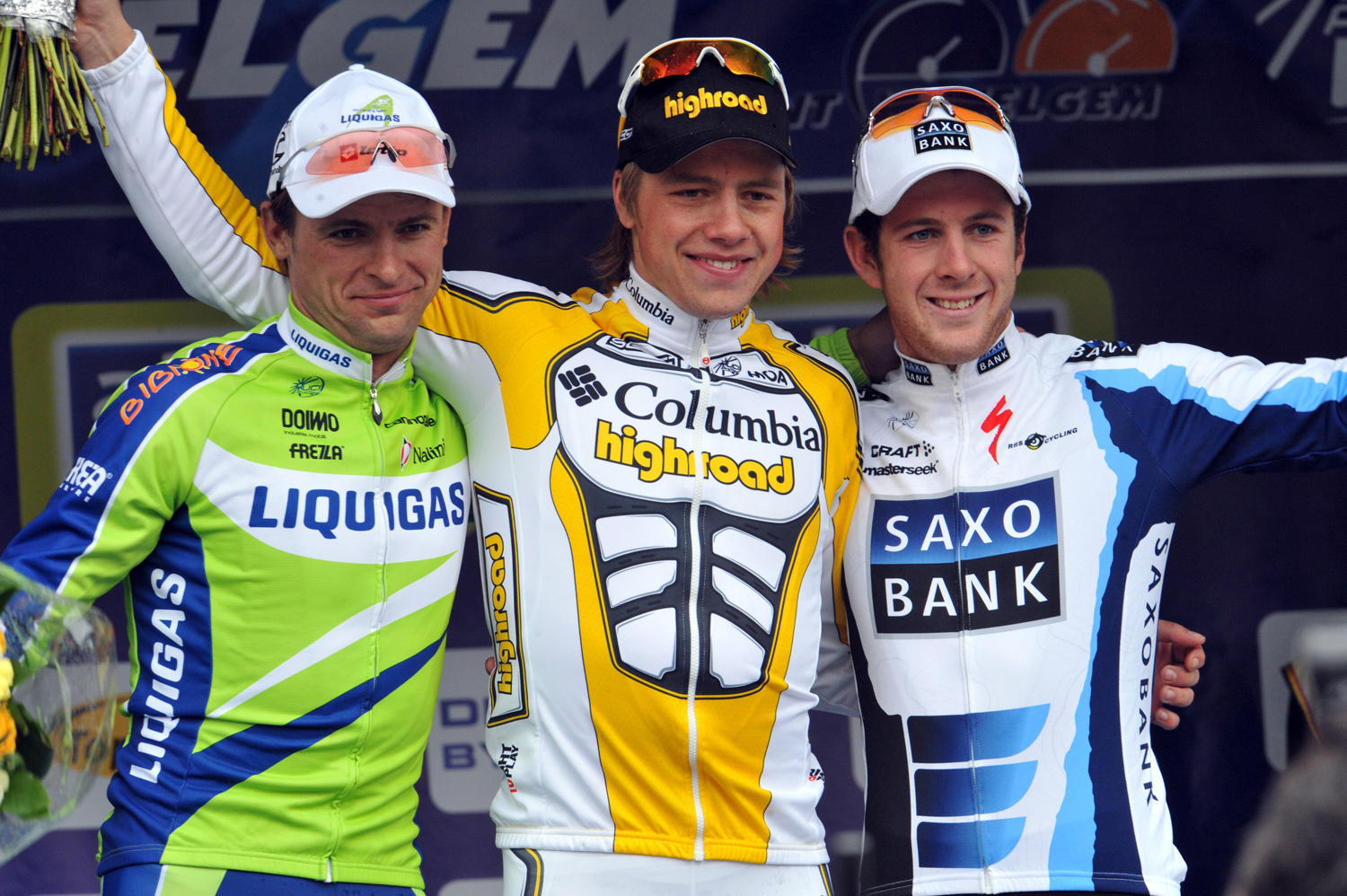 Aleksandr Kuschynski, Edvald Boasson Hagen and Matt Goss (l-r) on Ghent-Wevelgem podium Aleksandr Kuschynski, Edvald Boasson Hagen and Matt Goss (l-r) on Ghent-Wevelgem podium