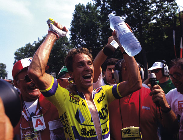LeMond shouts for joy, having won the Tour against all the odds