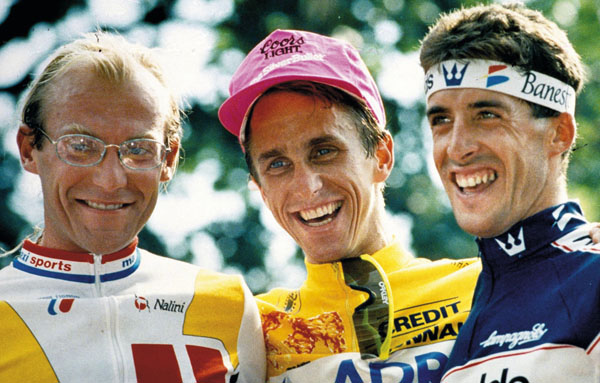 The final podium of the 1989 Tour de France - Fignon forces a smile