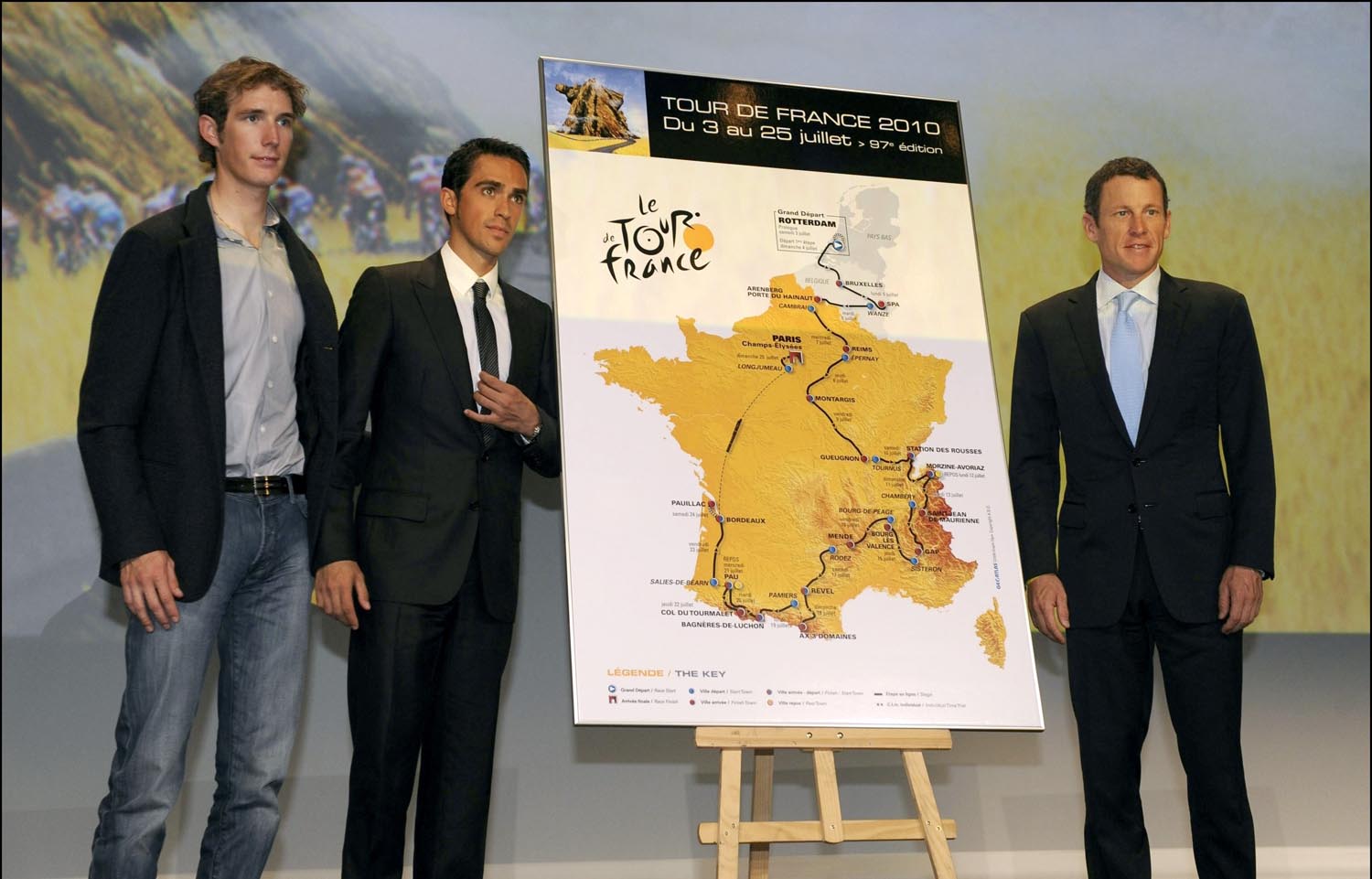 tdf10 SCHLECK-BERT-LANCE.jpg Andy Schleck, Alberto Contador and Lance Armstrong, Tour de France 2010 presentation