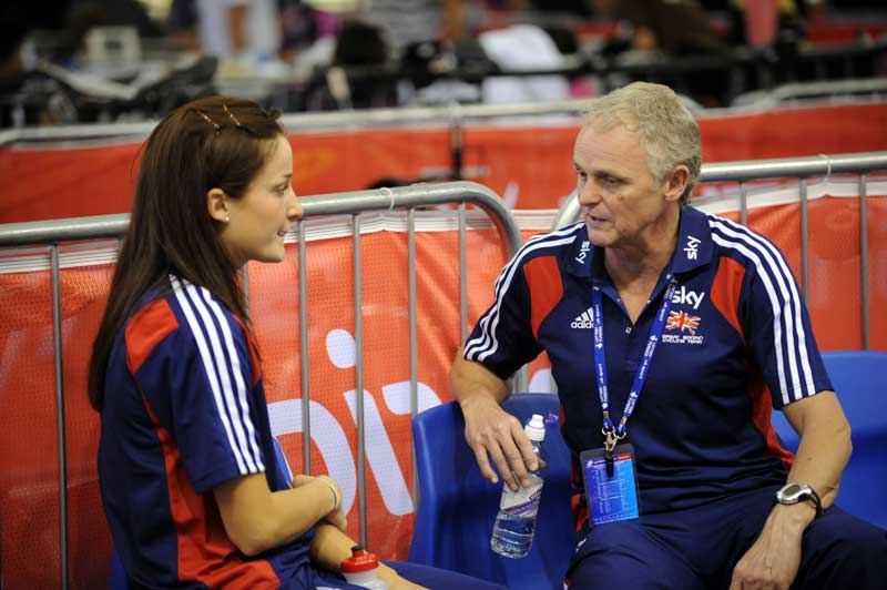 Lizzie Armitstead Team GB talks to team psychiatrist Steve Peters 2009 Manchester world cup.jpg manchester track world cup, track world cup, world cup, track racing, uci, sir chris hoy, victoria pendleton, ross edgar, wendy houvenaghel, jason kenny, jess varnish, becky james, team gb, team sky+hd, sky team, british cycling, manchester velodrom