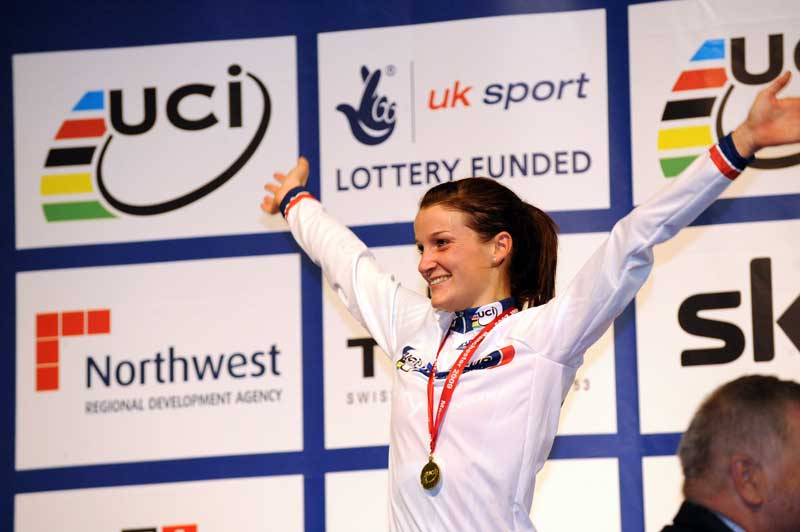 Lizzie Armitstead Team GB wins women's points race 2009 Manchester world cup gold medal winner podium.jpg 2009 Manchester track world cup, track racing, sir chris hoy, victoria pendleton, lizzie armitstead, anna meares, matt crampton, jason kenny, men's sprint, women's 500m time trial tt, women's points race, uci, british cycling, cycling weekly