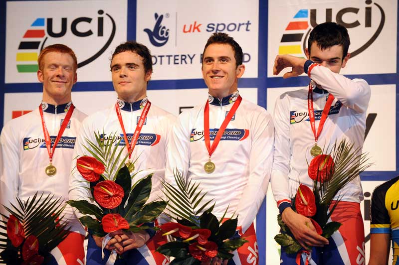 Team GB men's team pursuit quartet gold medalists Ed Clancy, Geraint Thomas, Steven Burke, Andy Tennant 2009 Manchester world cup.jpg manchester track world cup, track racing, manchester velorome, uci, british cycling, sir chris hoy, victoria pendleton, team pursuit