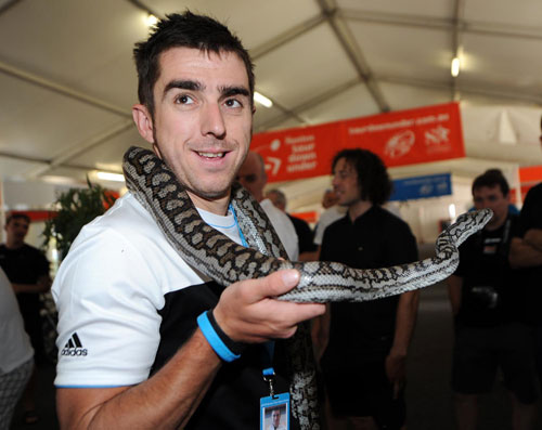 Russell Downing and snake, Tour Down Under 2010 Russell Downing and snake, Tour Down Under 2010