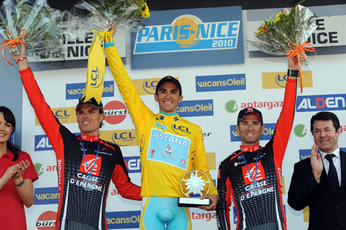 Alberto Contador, Alejandro Valverde and Luis Leon Sanchez on the podium, Paris-Nice 2010, stage seven Alberto Contador, Alejandro Valverde and Luis Leon Sanchez on the podium, Paris-Nice 2010, stage seven