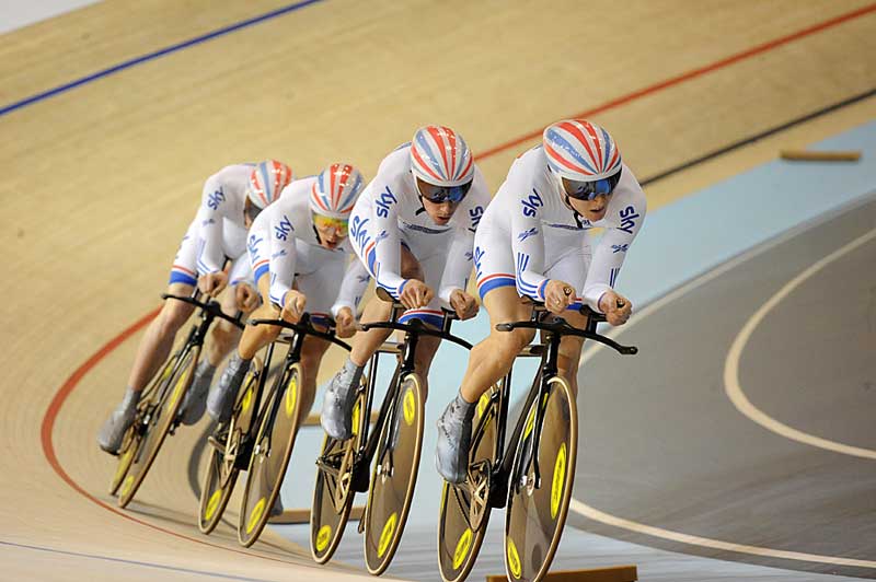 Great Britain team pursuit quartet 2010 world track championships Copenhagen.jpg great britain team prursuit, team pursuit, silver medal, track worlds, track champs