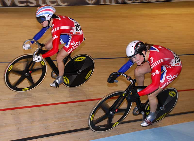Varnish Pendleton women's sprint Great Britain team pursuit quartet 2010 world track championships Copenhagen.jpg victoria pendleton, jessica varnish, women's sprint, track worlds, world champs, 2010, copenhagen