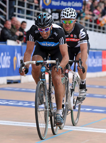 Juan Antonio Flecha and Thor Hushovd, Roubaix velodrome, Paris-Roubaix 2010 Juan Antonio Flecha and Thor Hushovd, Roubaix velodrome, Paris-Roubaix 2010