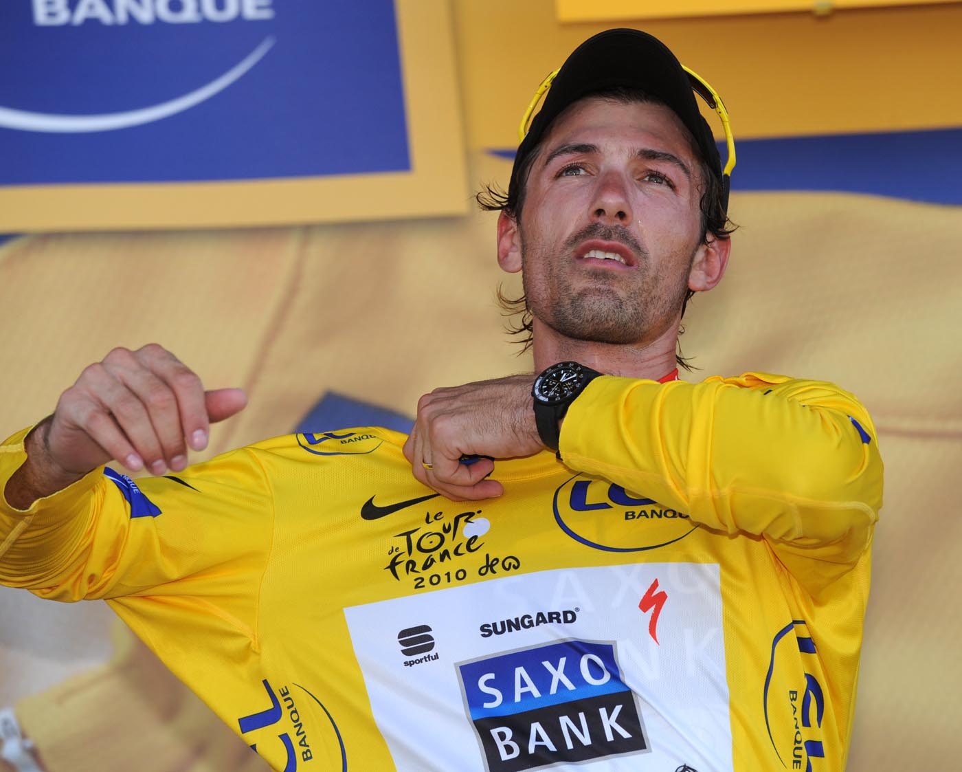 Fabian Cancellara on podium, Tour de France 2010, stage 6