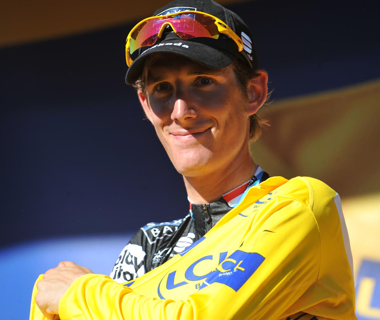 Andy Schleck on podium, Tour de France 2010, stage 11