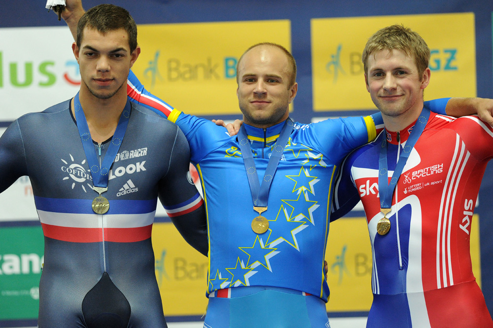 Sireau, Dmitriev and Kenny, men's sprint podium, European Track Championships 2010, day two Sireau, Dmitriev and Kenny, men's sprint podium, European Track Championships 2010, day two
