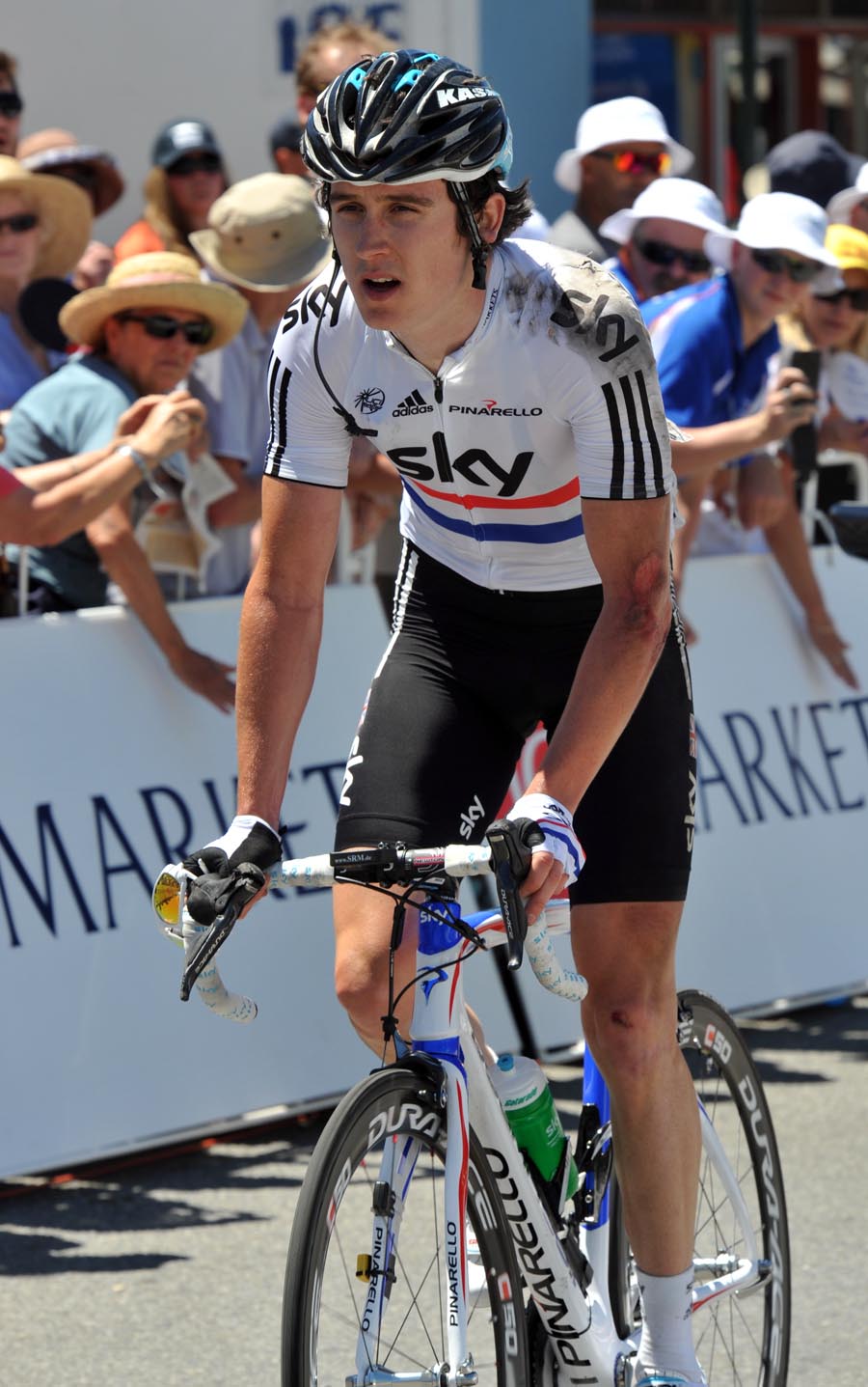 Geraint Thomas at finish after crash, Tour Down Under 2011, stage two