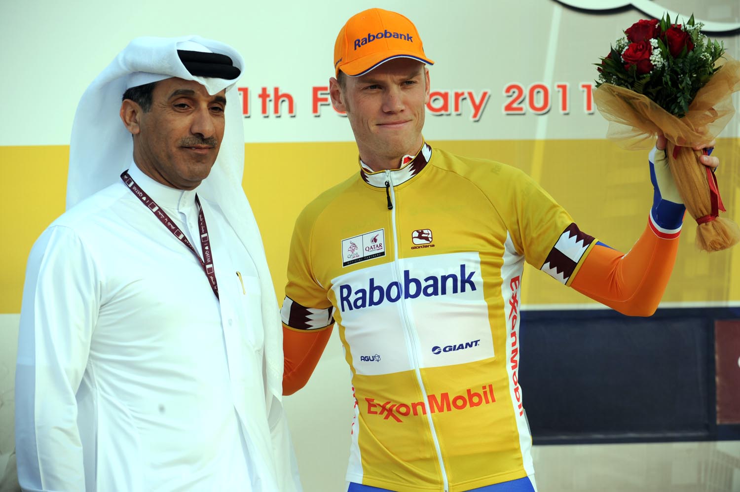 Lars Boom on podium, Tour of Qatar 2011, prologue