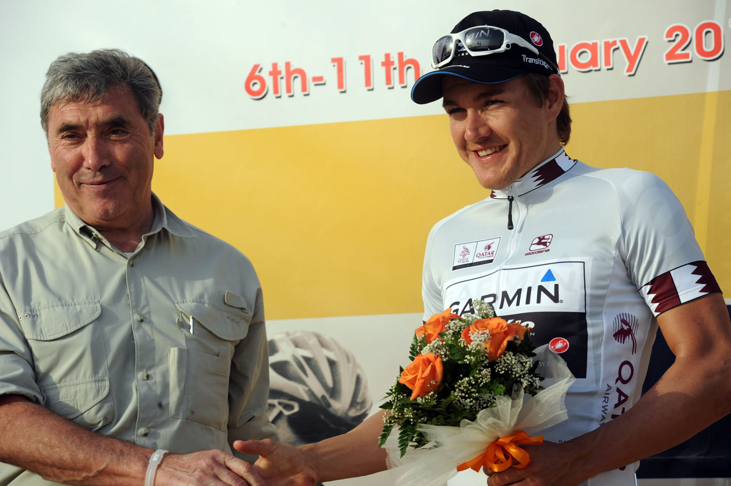 Heinrich Haussler with Eddy Merckx, Tour of Qatar 2011, stage two Heinrich Haussler with Eddy Merckx, Tour of Qatar 2011, stage two