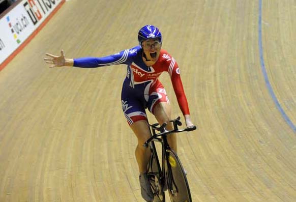 Sarah Storey celebrates women's team pursuit track WC 2011.jpg manchester track world cup 2011, track, world cup, wc, great britain, sky, pendleton, hoy, thomas, wiggins