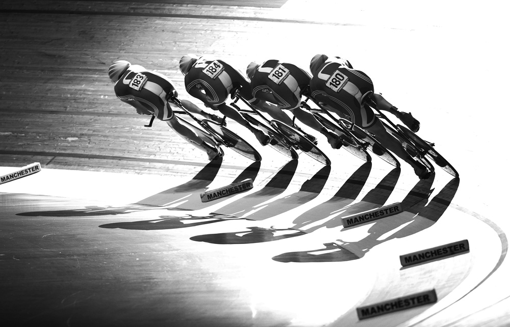 Great Britain team pursuit qualifying session Manchester track World Cup 2011.jpg manchester track world cup 2011, chris hoy, keirin, victoria pendleton, team sprint, team pursuit