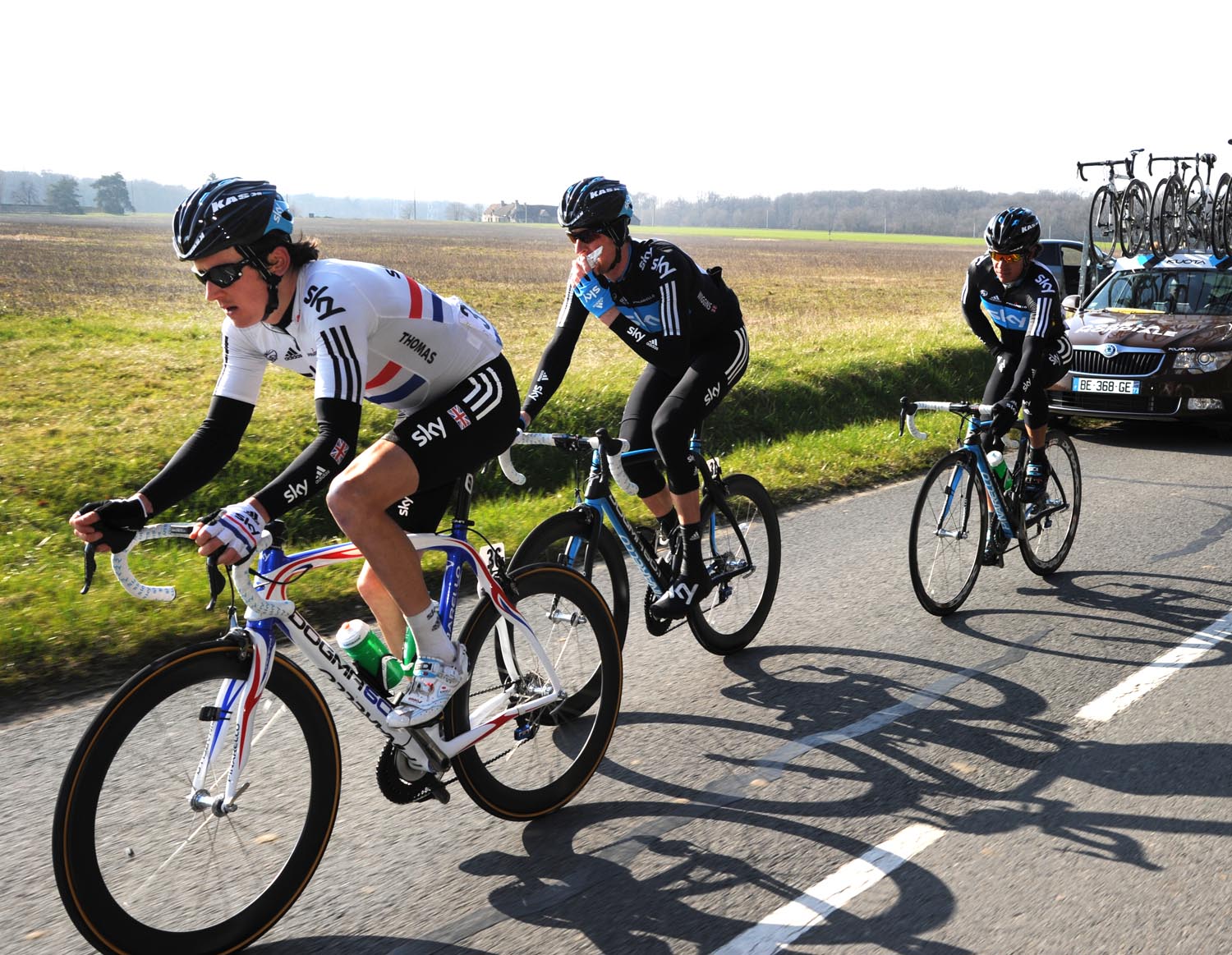 Geraint Thomas, Bradley Wiggins and Rigoberto Uran, Paris-Nice 2011, stage two
