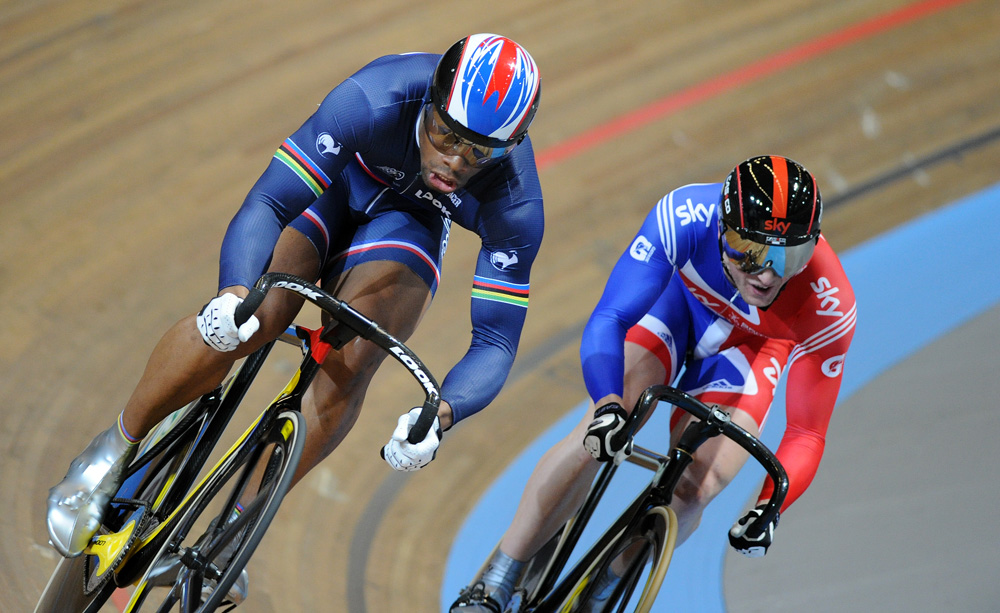 Gregory Bauge Jason Kenny men's sprint 2011 world track championships Apeldoorn.jpg world track, track champs, 2011, mens sprint, bauge, kenny, hoy, colombia, points race, pendleton