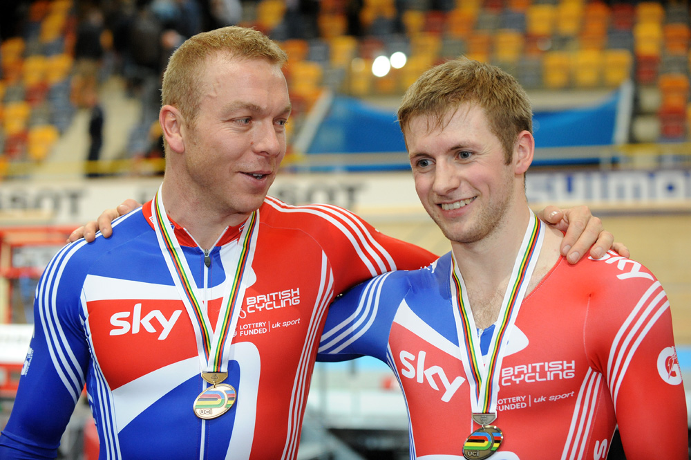 Sir Chris Hoy Jason Kenny men's sprint 2011 world track championships Apeldoorn.jpg world track, track champs, 2011, mens sprint, bauge, kenny, hoy, colombia, points race, pendleton