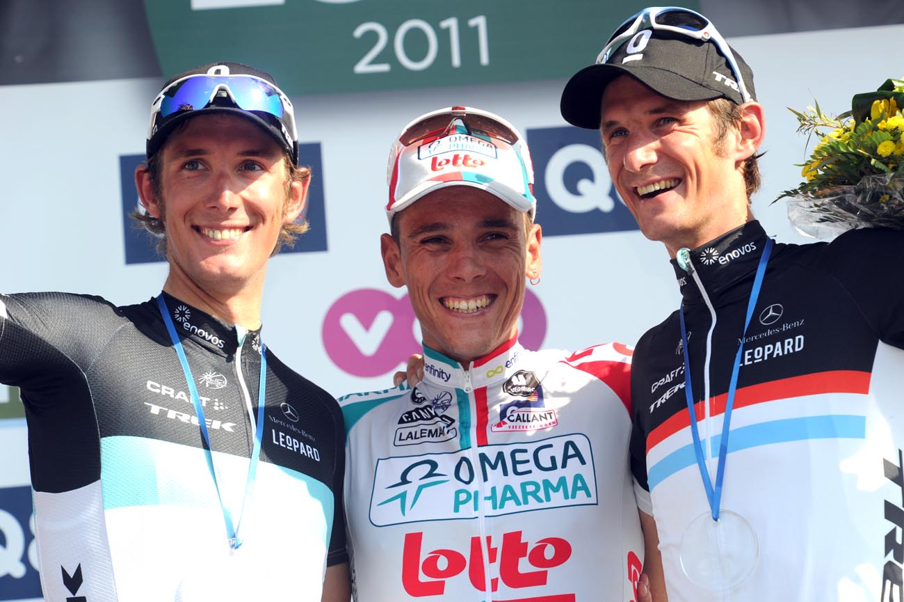 Frank Schleck, Philippe Gilbert and Andy Schleck, Liege-Bastogne-Liege 2011 Frank Schleck, Philippe Gilbert and Andy Schleck, Liege-Bastogne-Liege 2011