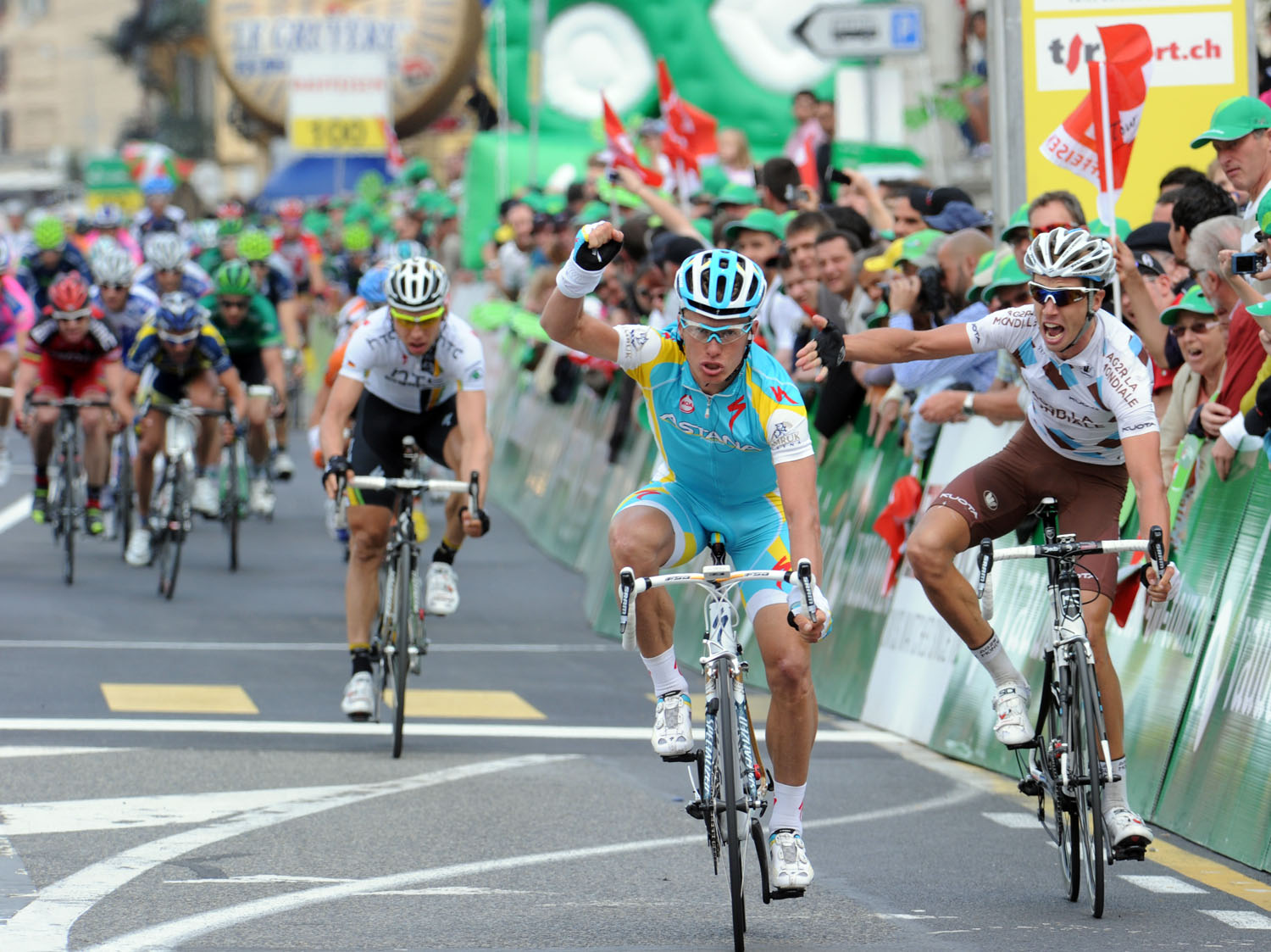 Alexandre Vinokourov wins as Mikael Cherel protests, Tour de Romandie 2011, stage three Alexandre Vinokourov wins as Mikael Cherel protests, Tour de Romandie 2011, stage three
