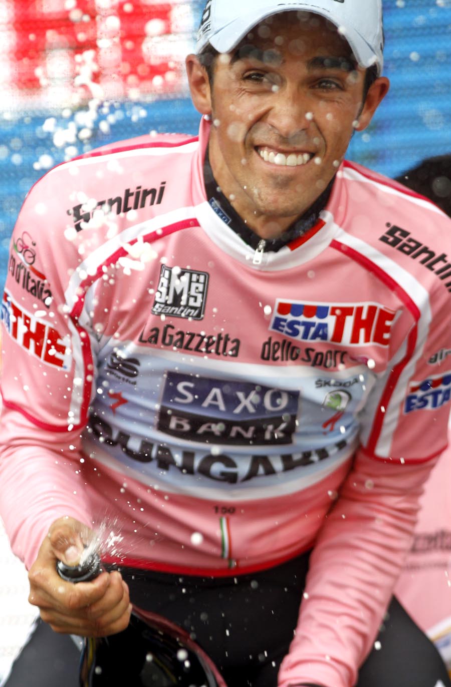 Alberto Contador on podium, Giro d'Italia 2011, stage 10