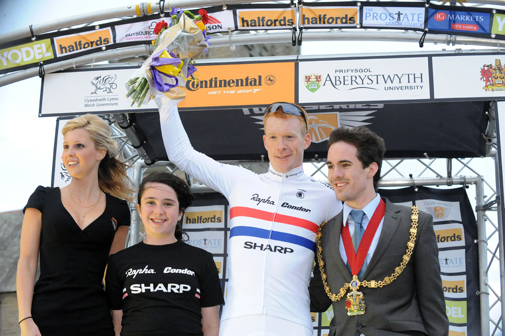 Ed Clancy on podium, Tour Series 2011, round two, Aberystwyth Ed Clancy on podium, Tour Series 2011, round two, Aberystwyth