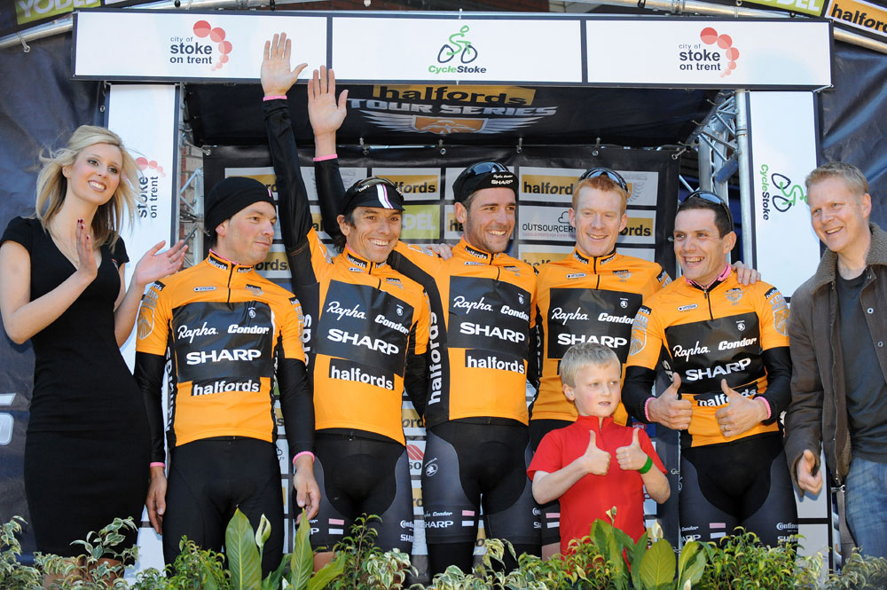 Series leaders Rapha Condor Sharp on podium, Tour Series 2011, round 5, Stoke-on-Trent
