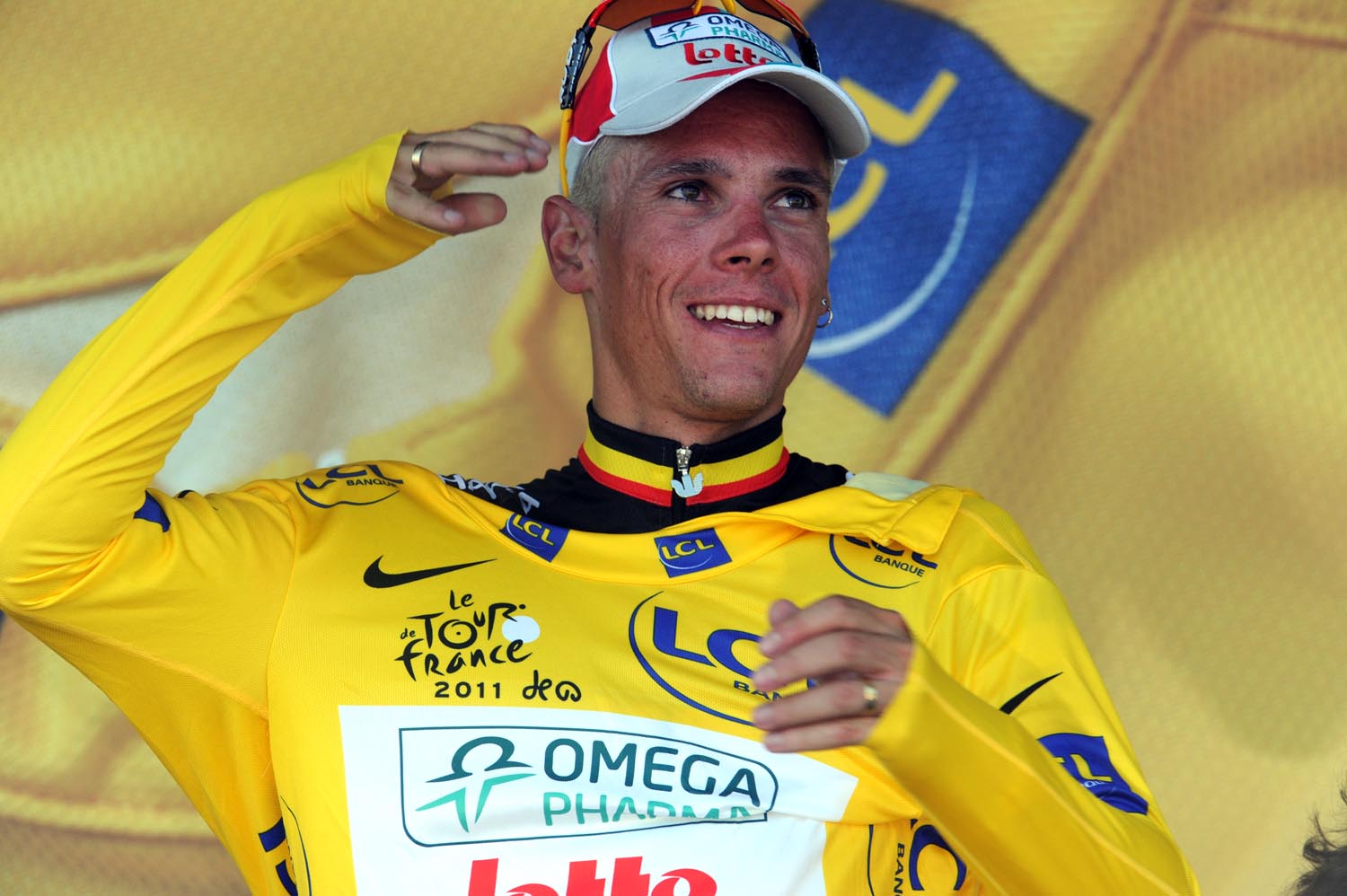 Philippe Gilbert on podium, Tour de France 2011, stage one Philippe Gilbert on podium, Tour de France 2011, stage one
