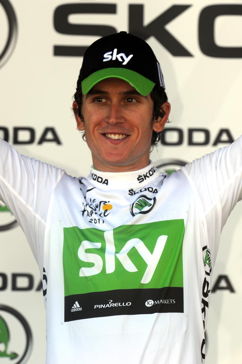 Geraint Thomas in white jersey, Tour de France 2011, stage one Geraint Thomas in white jersey, Tour de France 2011, stage one