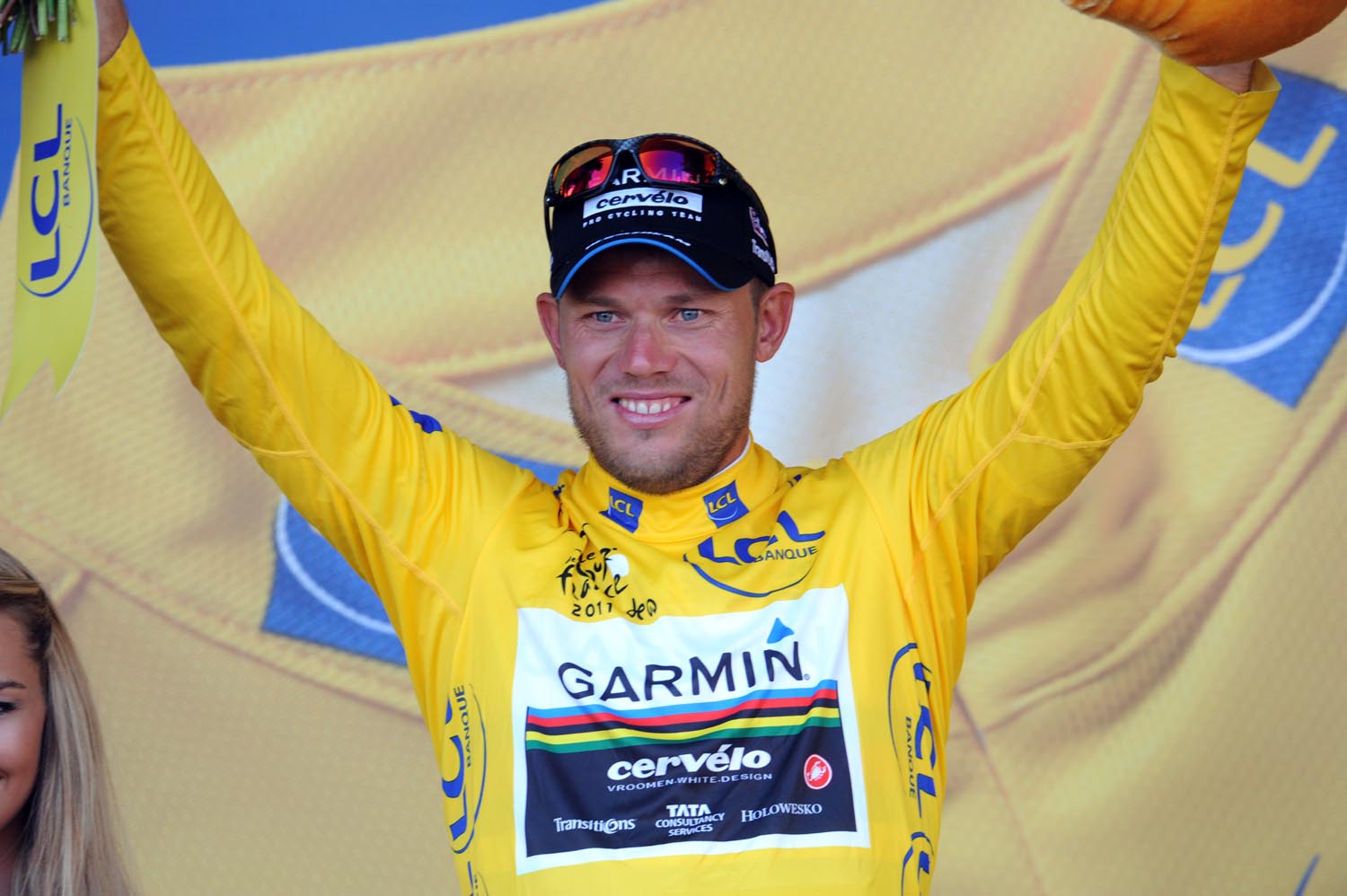 Thor Hushovd on podium, Tour de France 2011, stage two