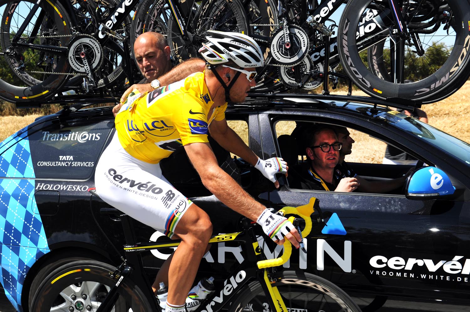 Thor Hushovd at team car, Tour de France 2011, stage three