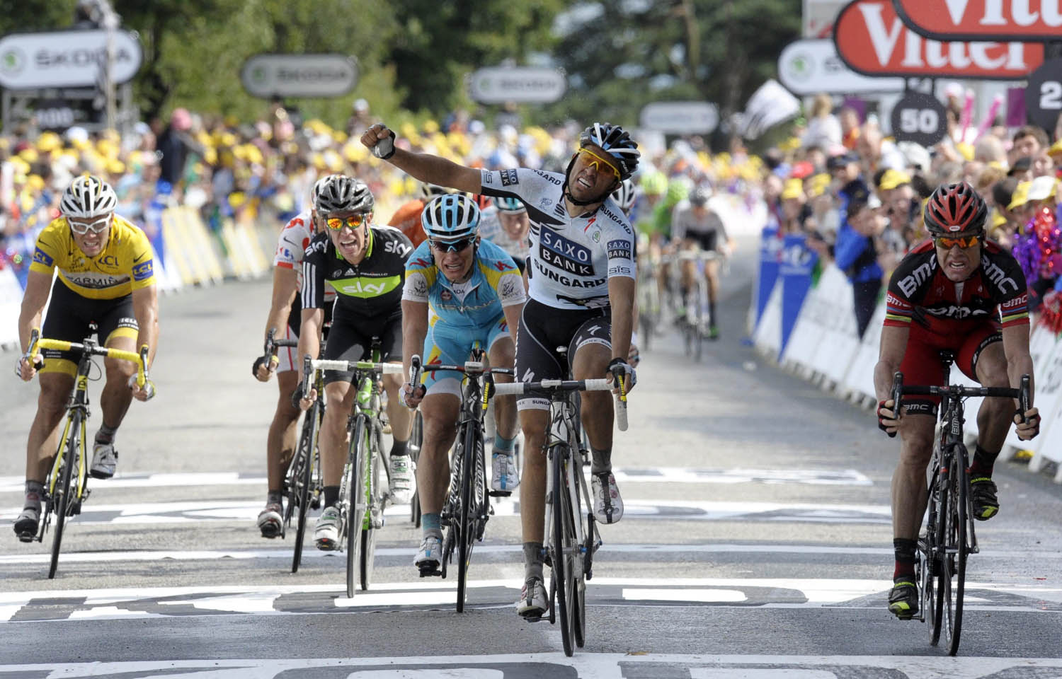 Alberto Contador and stage winner Cadel Evans, Tour de France 2011, stage four Alberto Contador and stage winner Cadel Evans, Tour de France 2011, stage four