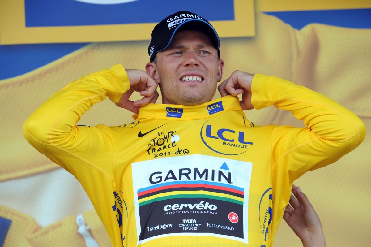 Thor Hushovd on podium, Tour de France 2011, stage four