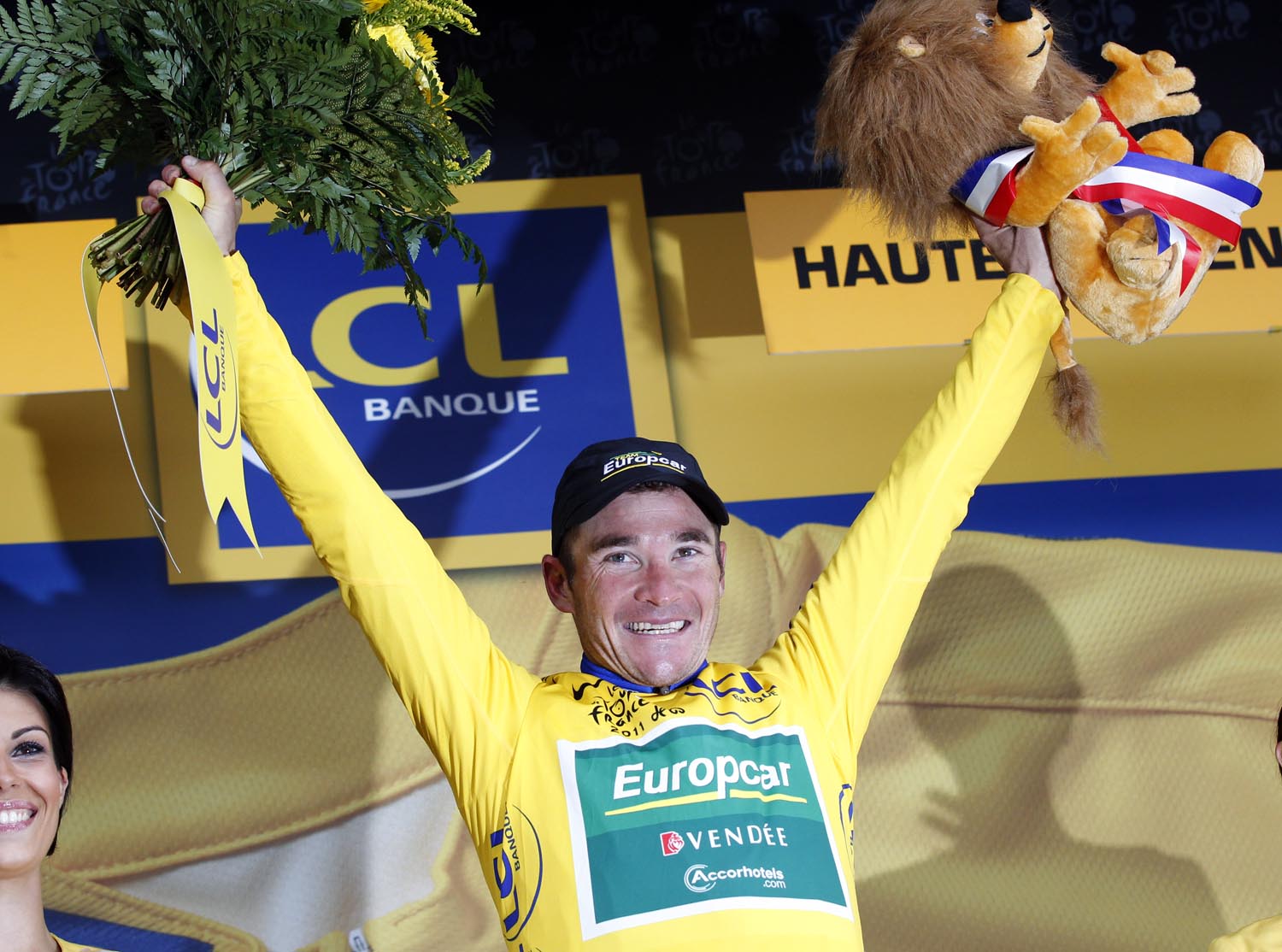 Thomas Voeckler on podium, Tour de France 2011, stage 12