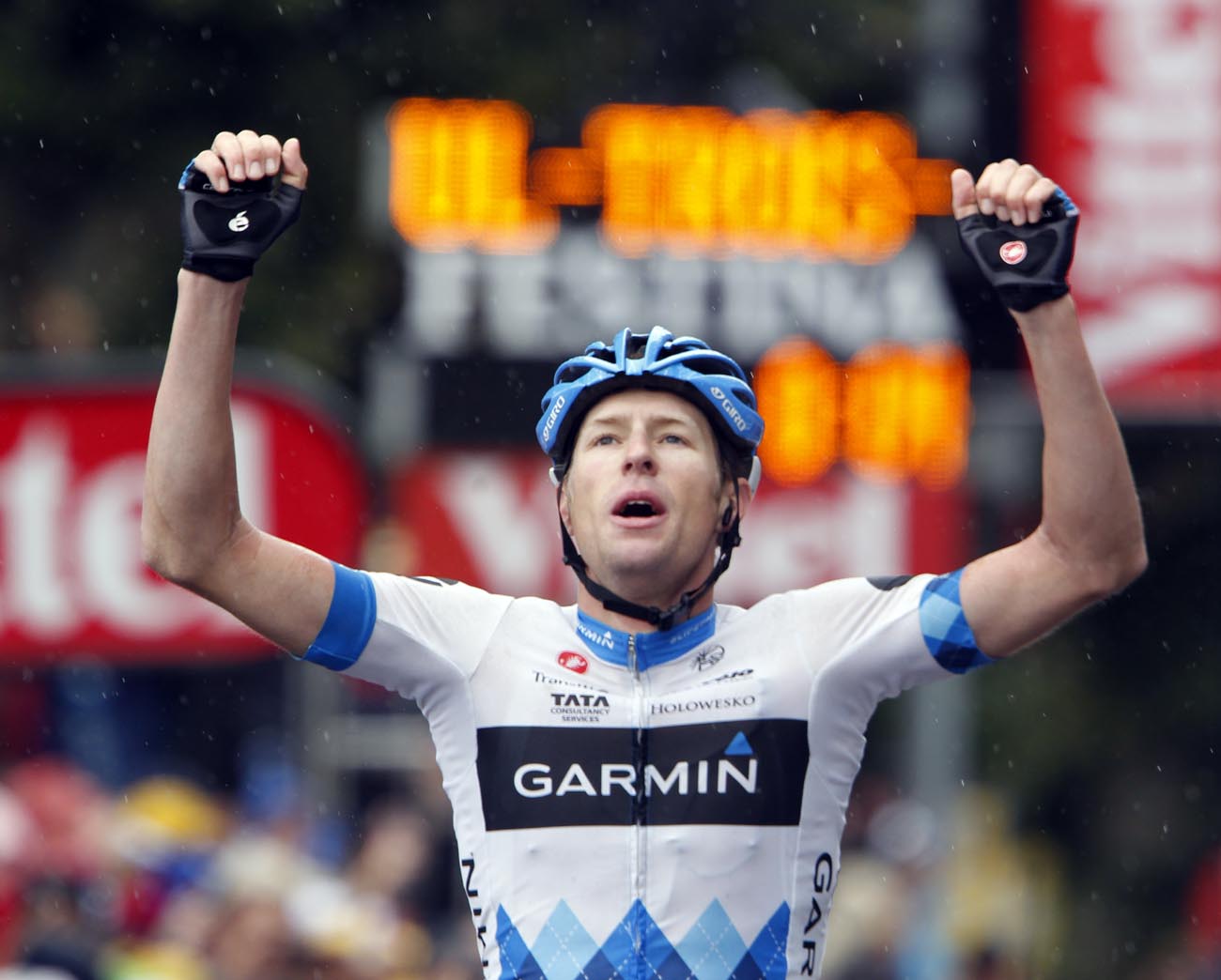 Ryder Hesjedal at finish celebrating Hushovd's win, Tour de France 2011, stage 16 Ryder Hesjedal at finish celebrating Hushovd's win, Tour de France 2011, stage 16