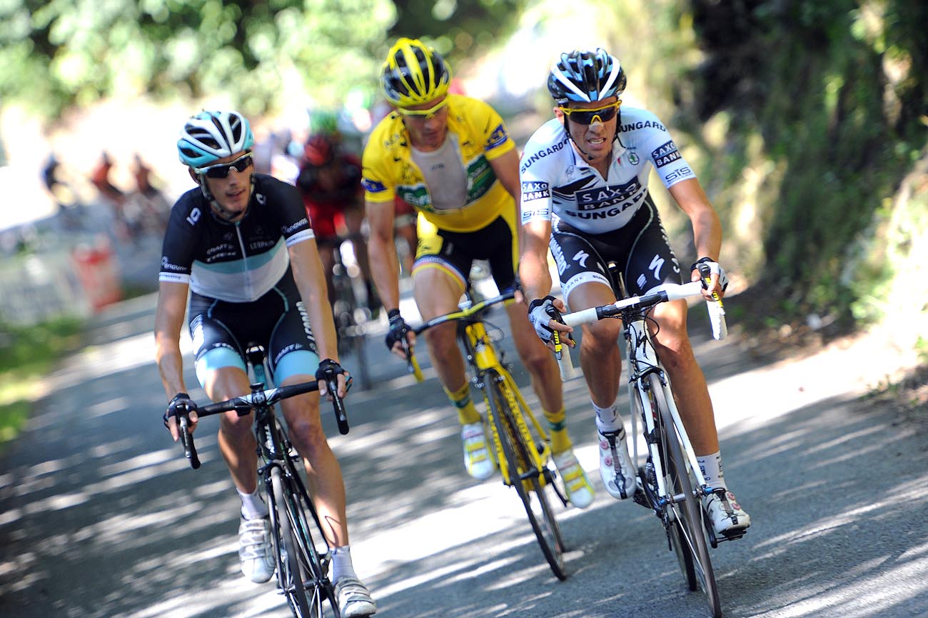 Alberto Contador, Andy Schleck and Thomas Voeckler, Tour de France 2011, stage 17
