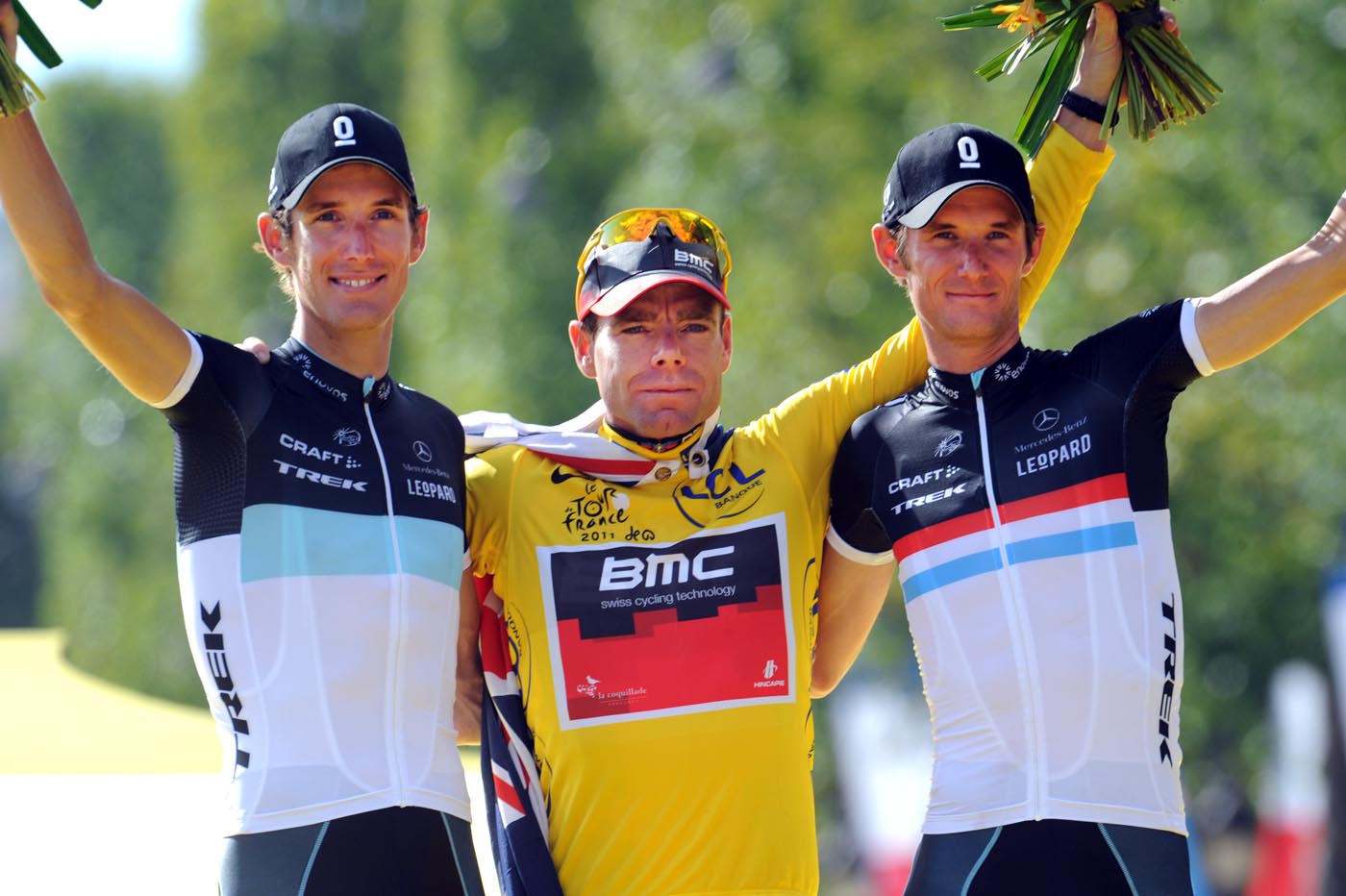 Evans and Schlecks on final podium, Tour de France 2011, stage 21