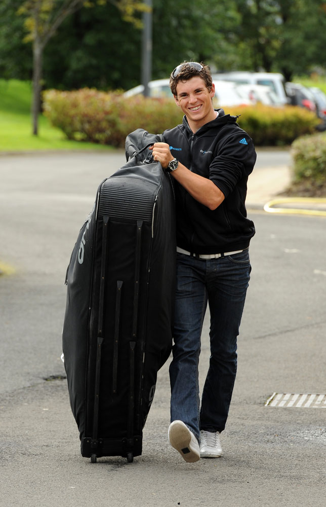 Ben Swift and bike bag, Tour of Britain 2011, press conference/warm-up