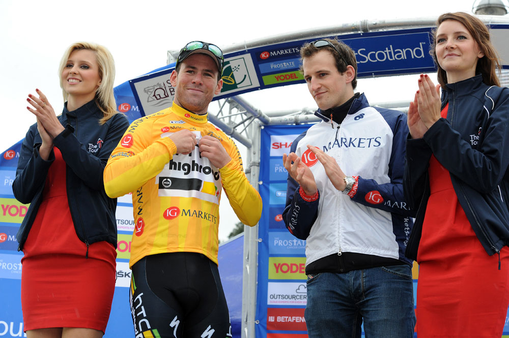 Mark Cavendish on podium, Tour of Britain 2011, stage one