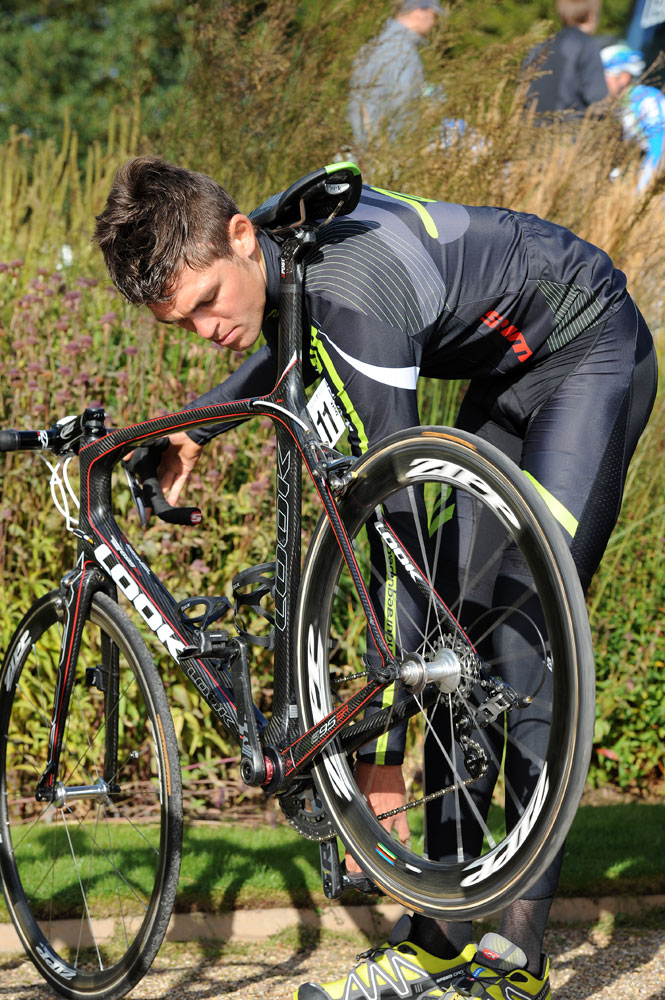 Jack Bauer checks his bike, Tour of Britain 2011, stage three