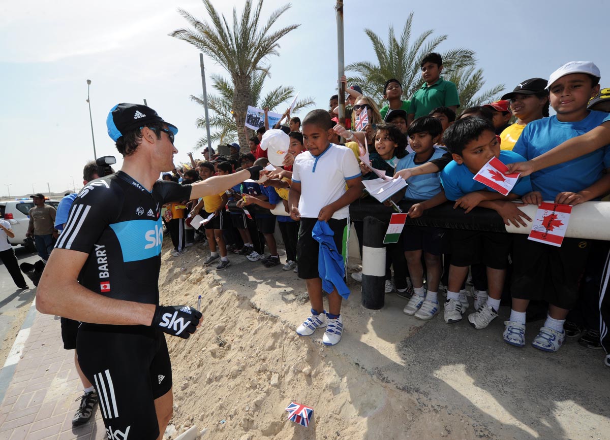 Michael Barry and fans, Tour of Qatar 2012, stage three Michael Barry and fans, Tour of Qatar 2012, stage three