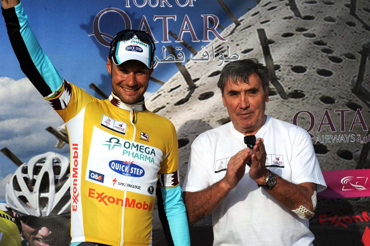 Tom Boonen on podium with Eddy Merckx, Tour of Qatar 2012, stage four