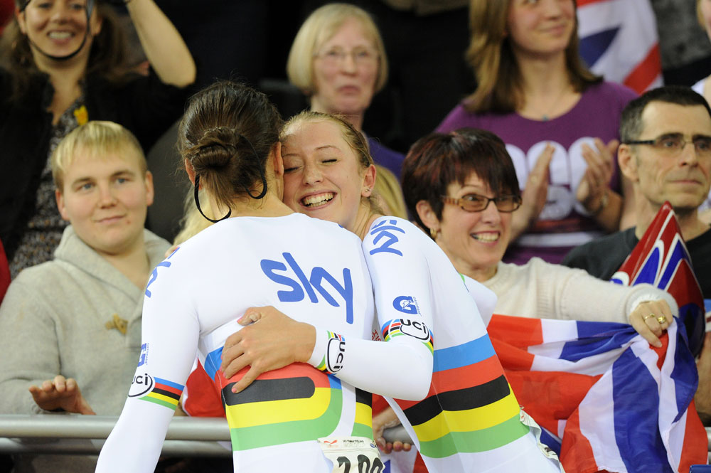 Dani King and Laura Trott celebrate, London Track World Cup 2012, day two